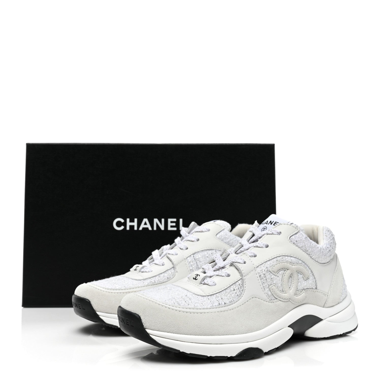 Chanel Painted Iridescent Cotton Tweed Suede Womens CC Sneakers 39 White Silver Multicolor 9 of 9