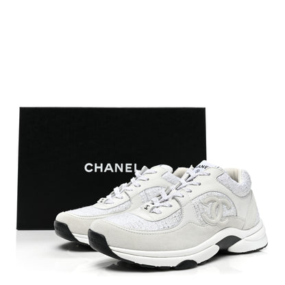 Chanel Painted Iridescent Cotton Tweed Suede Womens CC Sneakers 39 White Silver Multicolor 9 of 9
