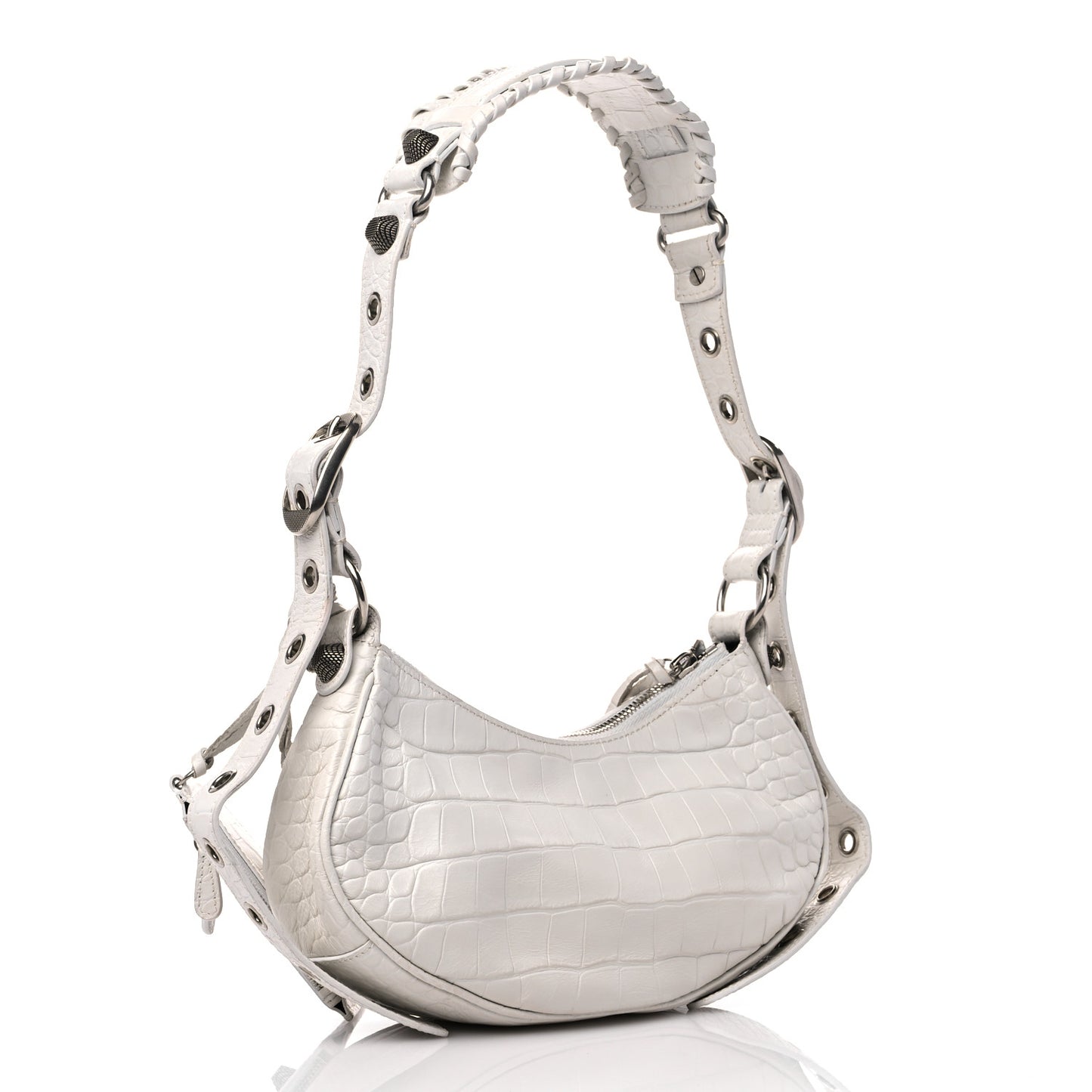 Extra Supple Calfskin Crocodile Embossed Le Cagole Shoulder Bag XS White