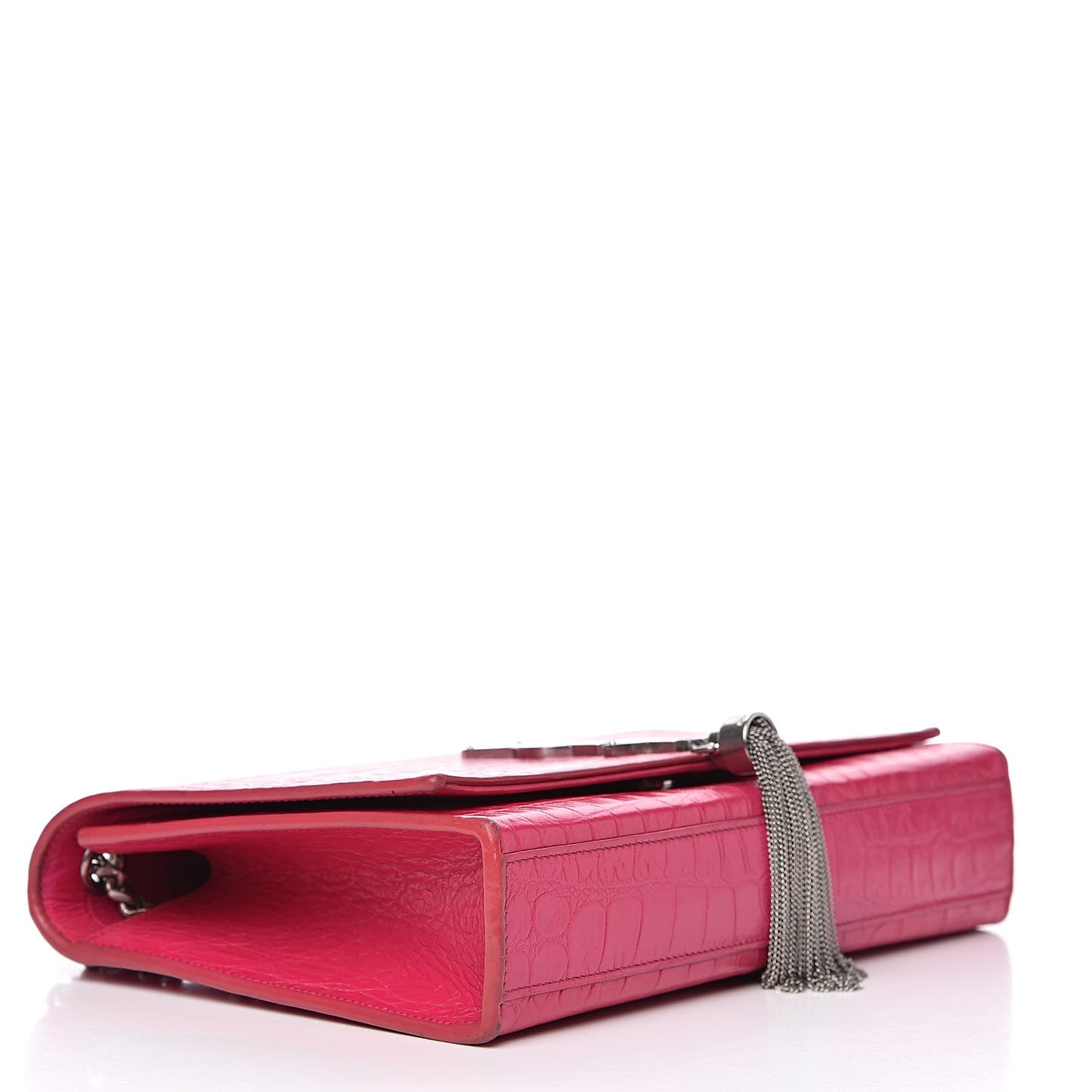Calfskin Crocodile Embossed Medium Classic Monogram Kate Tassel Satchel Fuchsia