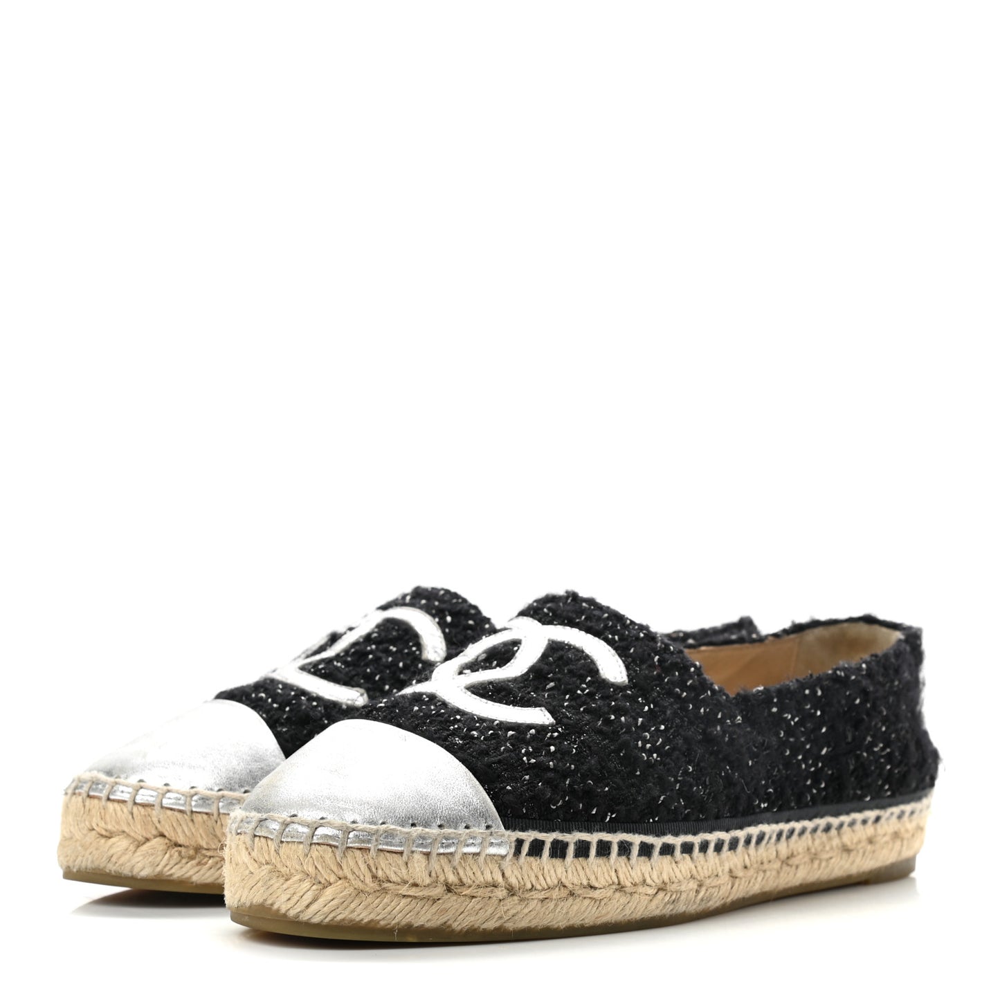 Metallic Lambskin Tweed CC Espadrilles 39 Black Silver