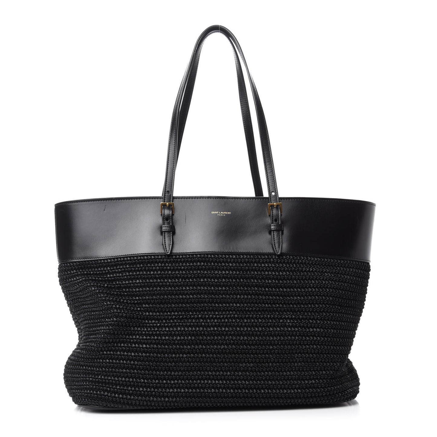 Calfskin Raffia Medium Shopper Tote Black