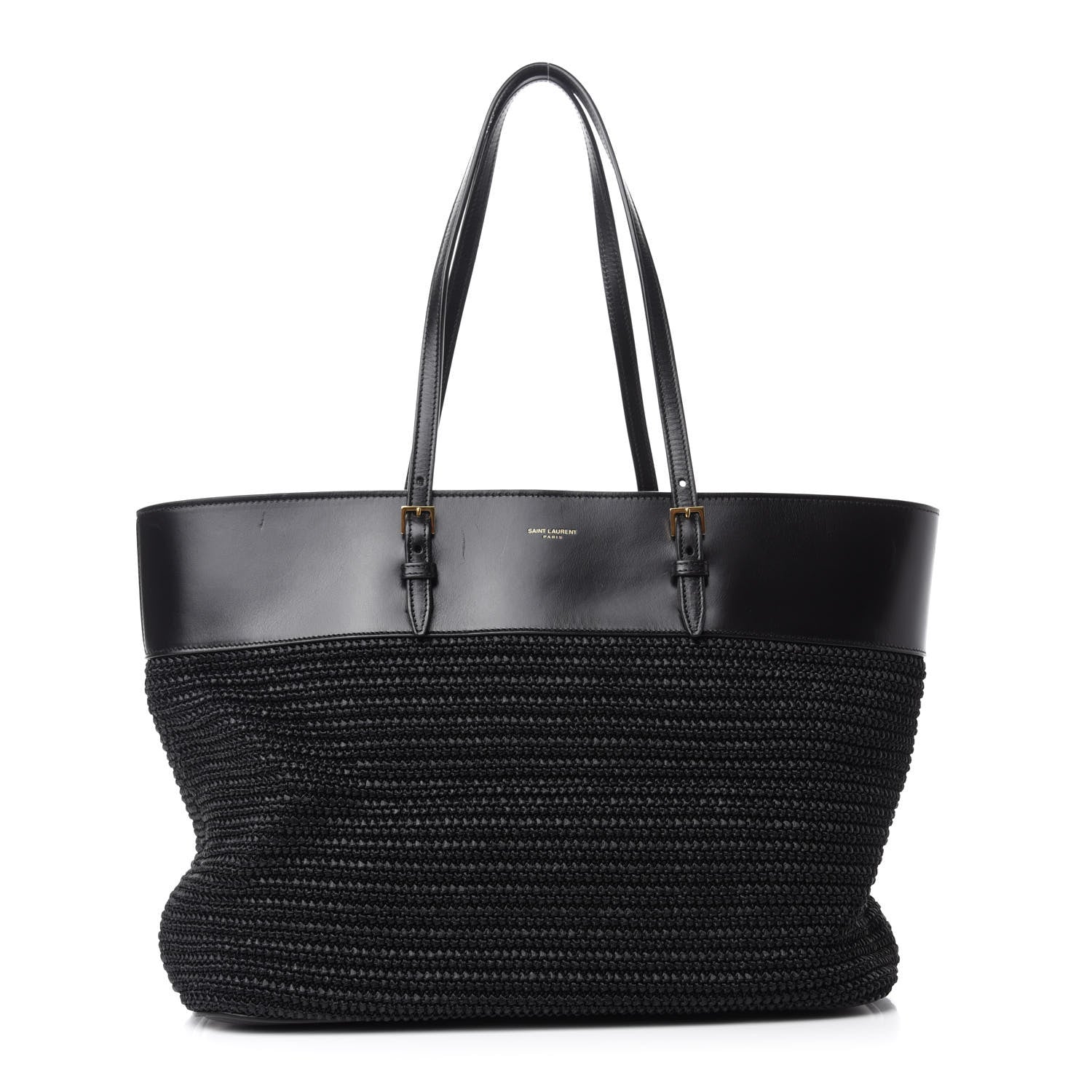 Saint Laurent Calfskin Raffia Medium Shopper Tote Black 1 of 10