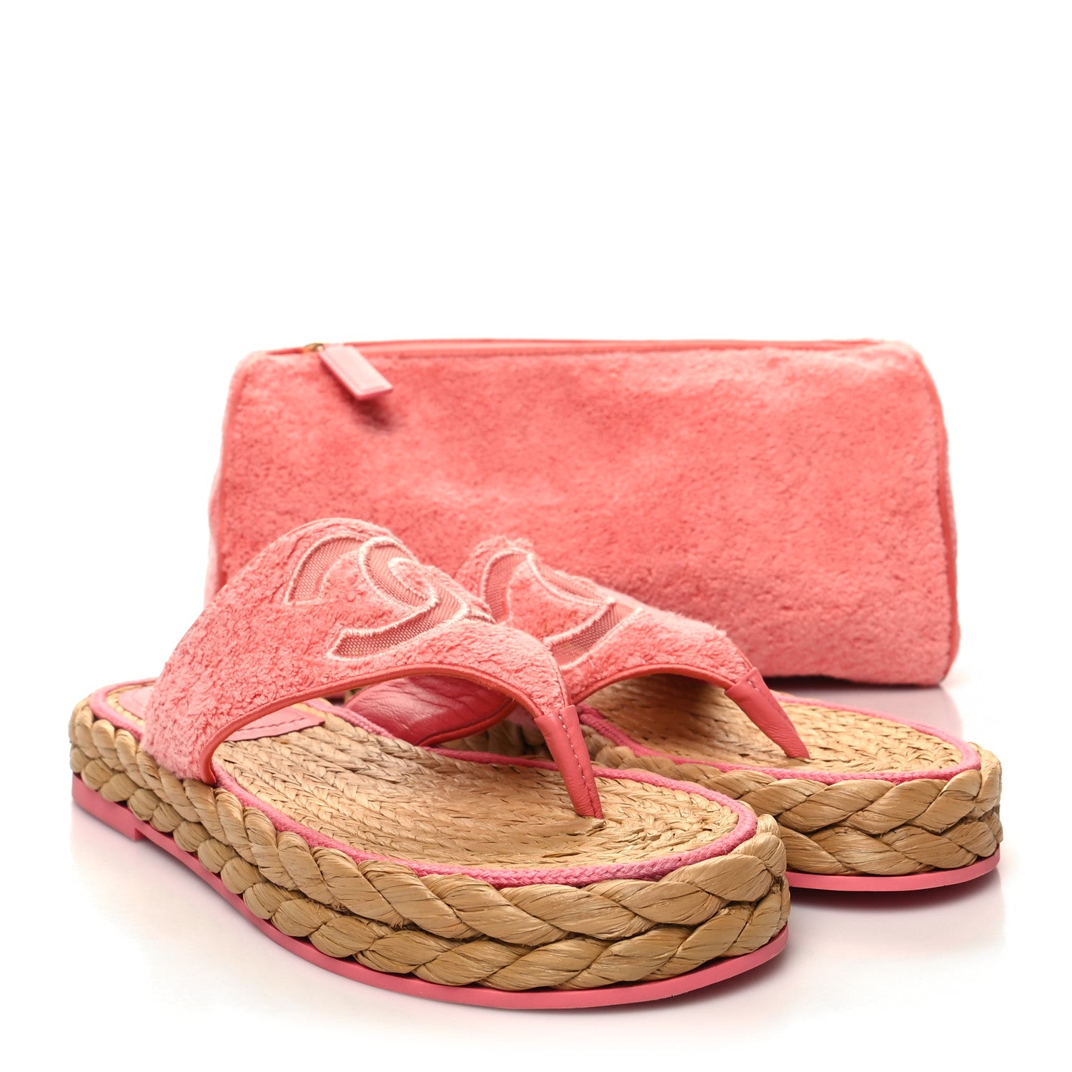 Chanel Terry Cloth Raffia CC Logo Thong Sandals 40 Pink 9 of 9