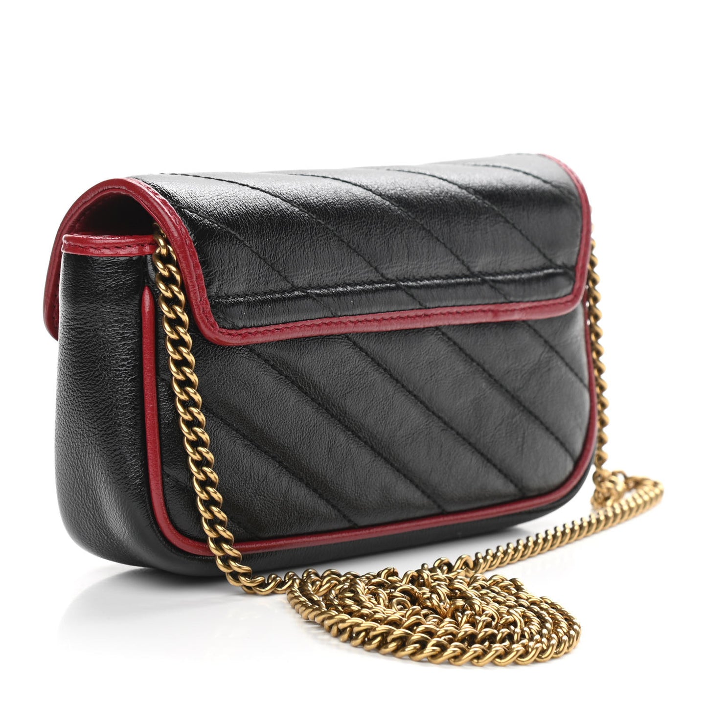 Vintage Effect Calfskin Matelasse Diagonal Super Mini Torchon GG Marmont Shoulder Bag Black Romantic Cherry