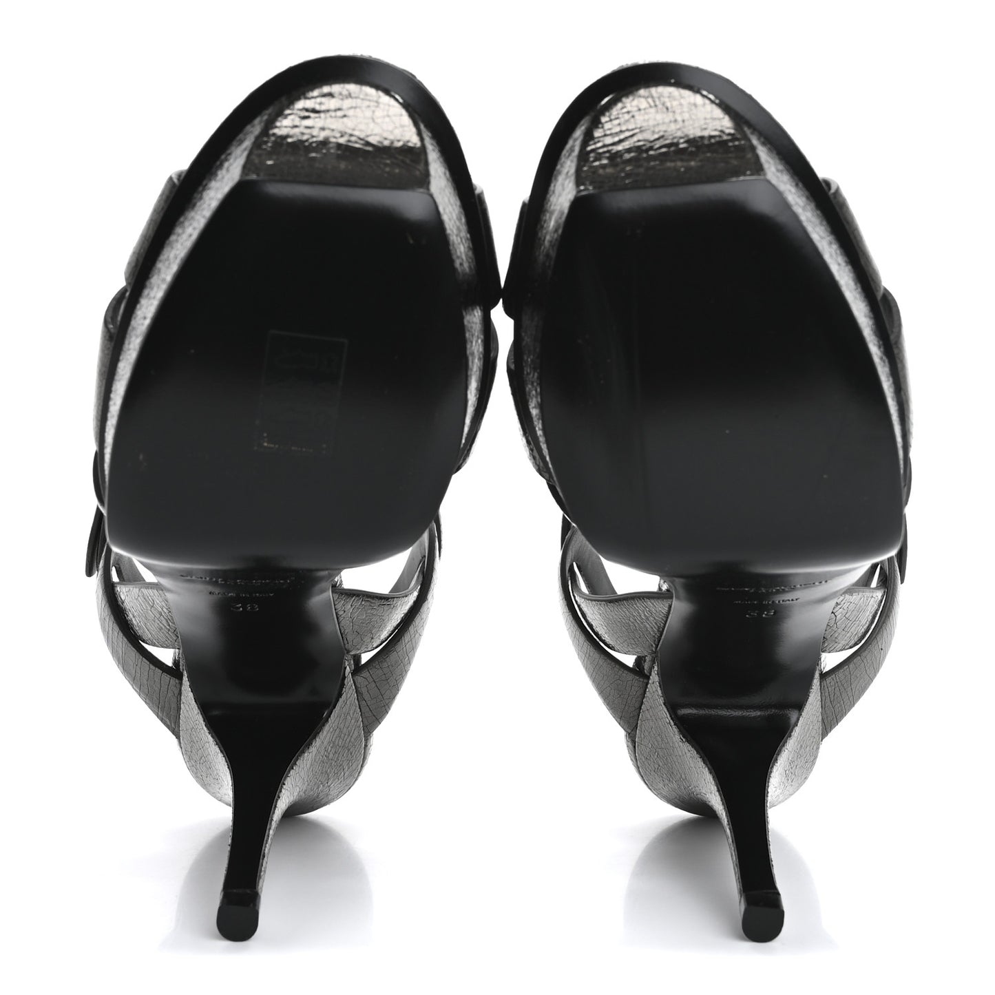 Metallic Crackled Calfskin Tribute 75 Platform Sandals 38 Gunmetal