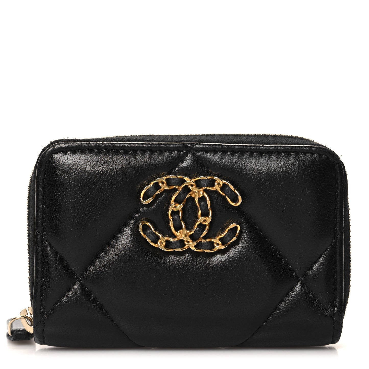 Lambskin Quilted Chanel 19 Zip Around Coin Purse Wallet Black