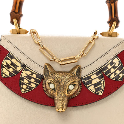 Gucci Goatskin Pearl Mini Fox Broche Bamboo Top Handle Bag Hibiscus Red Mystic White 8 of 14