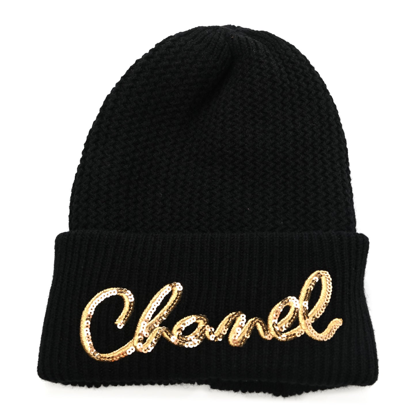 Cashmere Sequin Logo Beanie Hat Black Gold