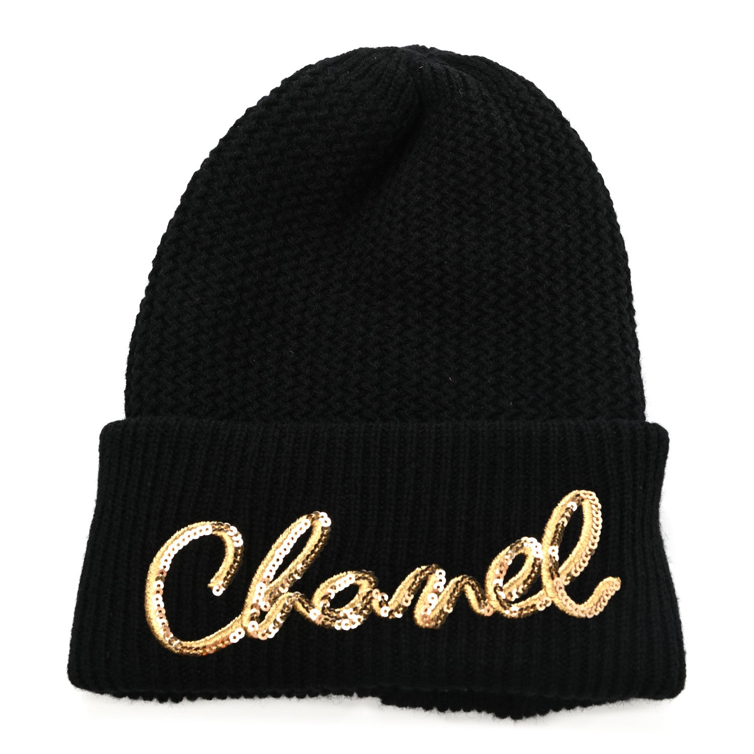 Chanel Cashmere Sequin Logo Beanie Hat Black Gold 1 of 4