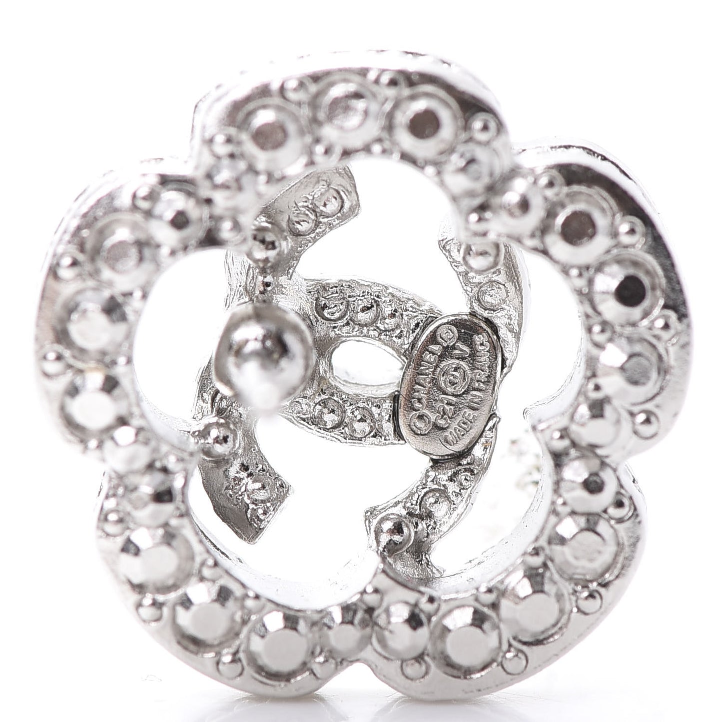 Crystal Coco Flapper Camellia CC Stud Earrings Silver