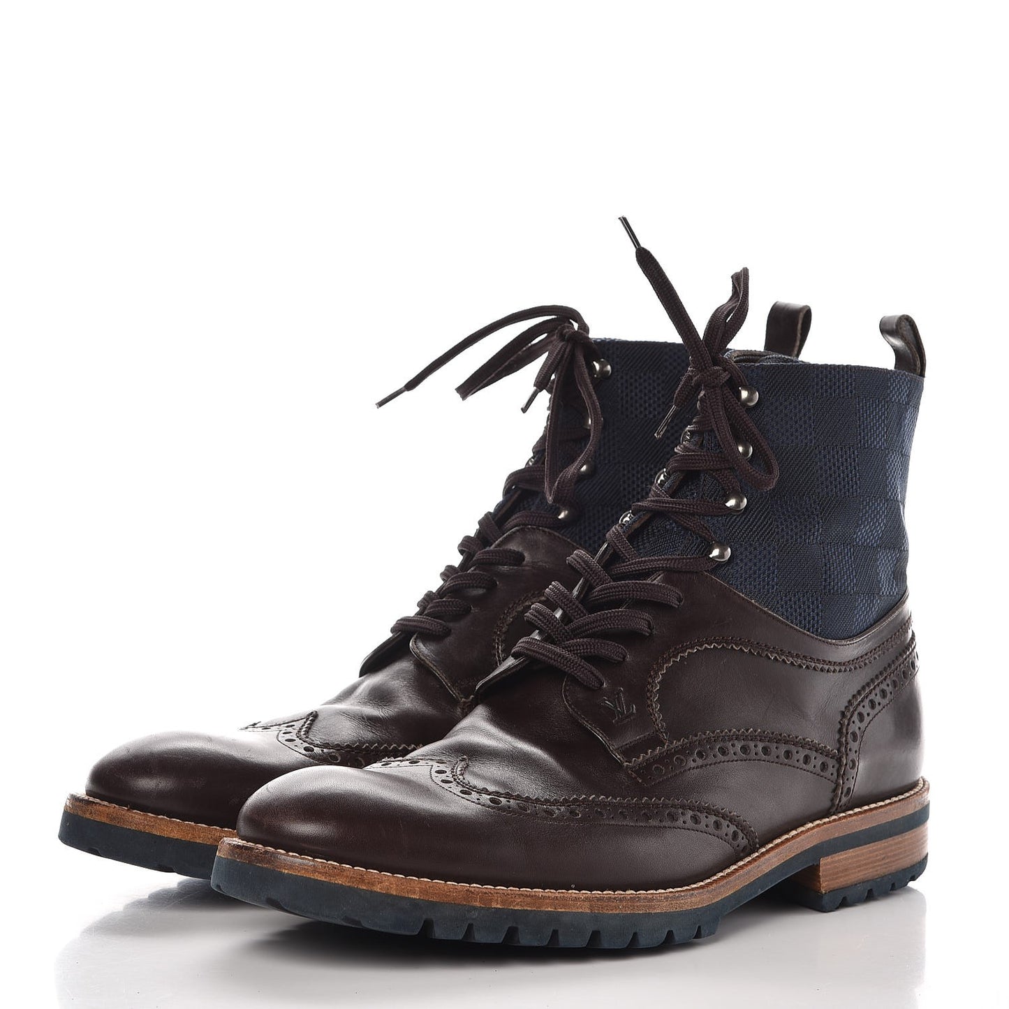 Mens Calfskin Nylon Damier Short Boots 10 Brown Blue