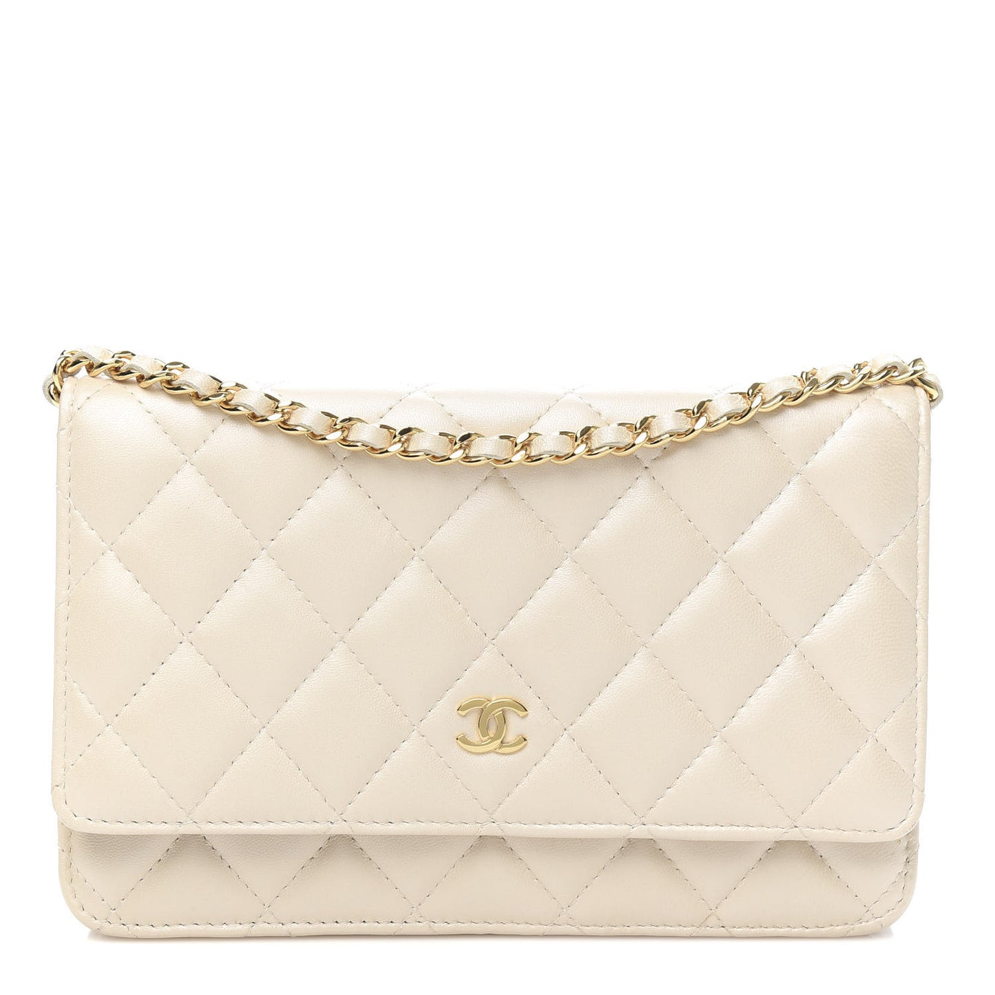 Pearly Lambskin Quilted Wallet On Chain WOC Light Beige