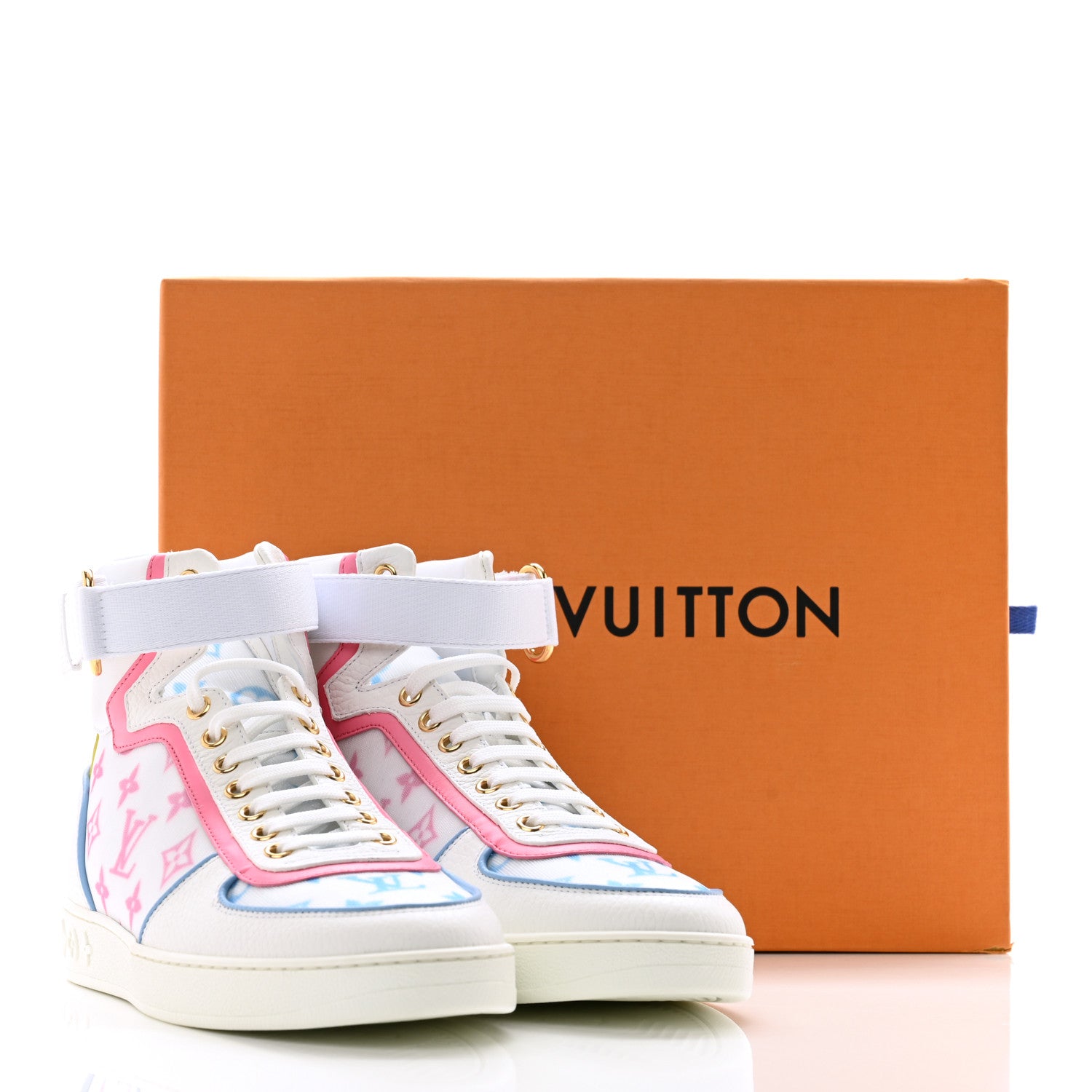 Louis Vuitton Calfskin Nylon Mesh Monogram Womens Boombox High Top Sneakers 39 Bleu Rose 9 of 9