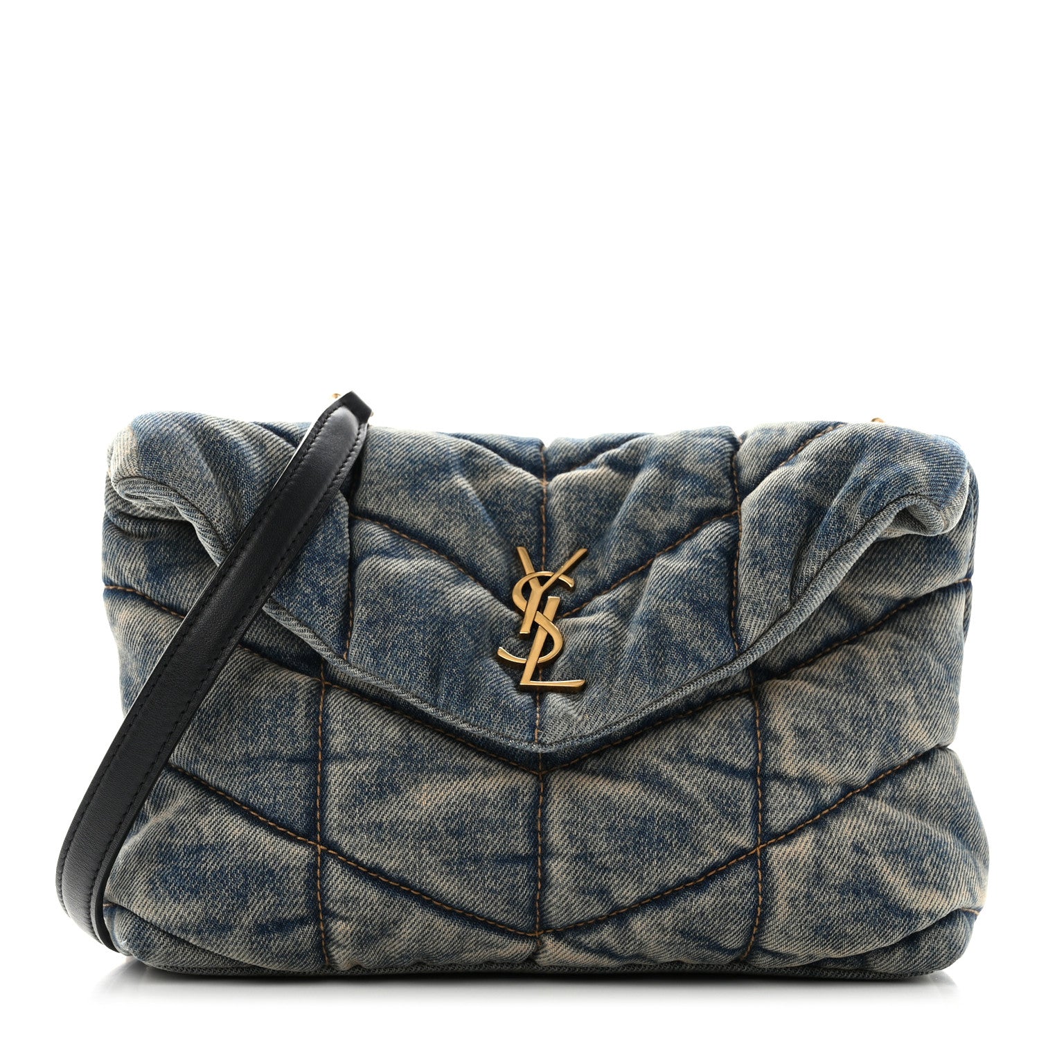 Saint Laurent Denim Quilted Toy Loulou Puffer Monogram Chain Satchel Blue Black 1 of 10