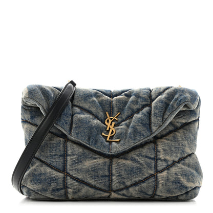 Saint Laurent Denim Quilted Toy Loulou Puffer Monogram Chain Satchel Blue Black 1 of 10