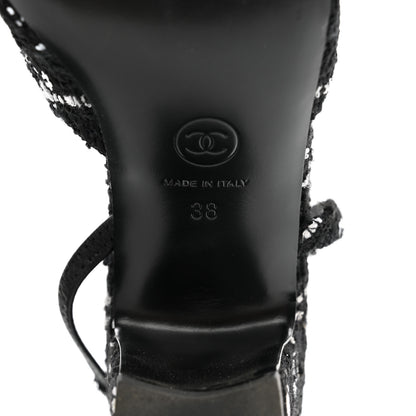 Chanel Tweed Sequins Corduroy Cap Toe CC Slingback Pumps 38 Black White 6 of 14