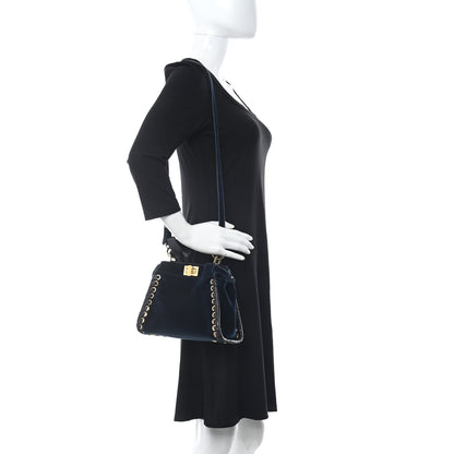 Fendi Velvet Vitello Seta Lace Up Mini Peekaboo Iconic Satchel Blue 2 of 11
