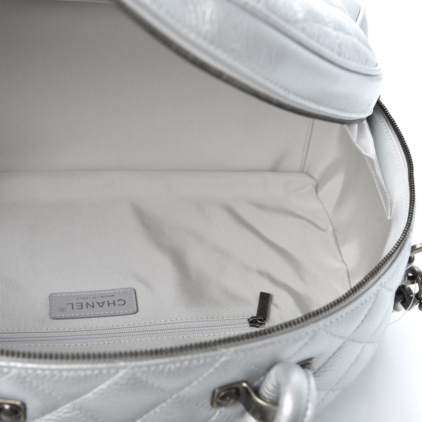 Metallic Calfskin Quilted Medium Airlines Round Trip Bowling Bag Silver