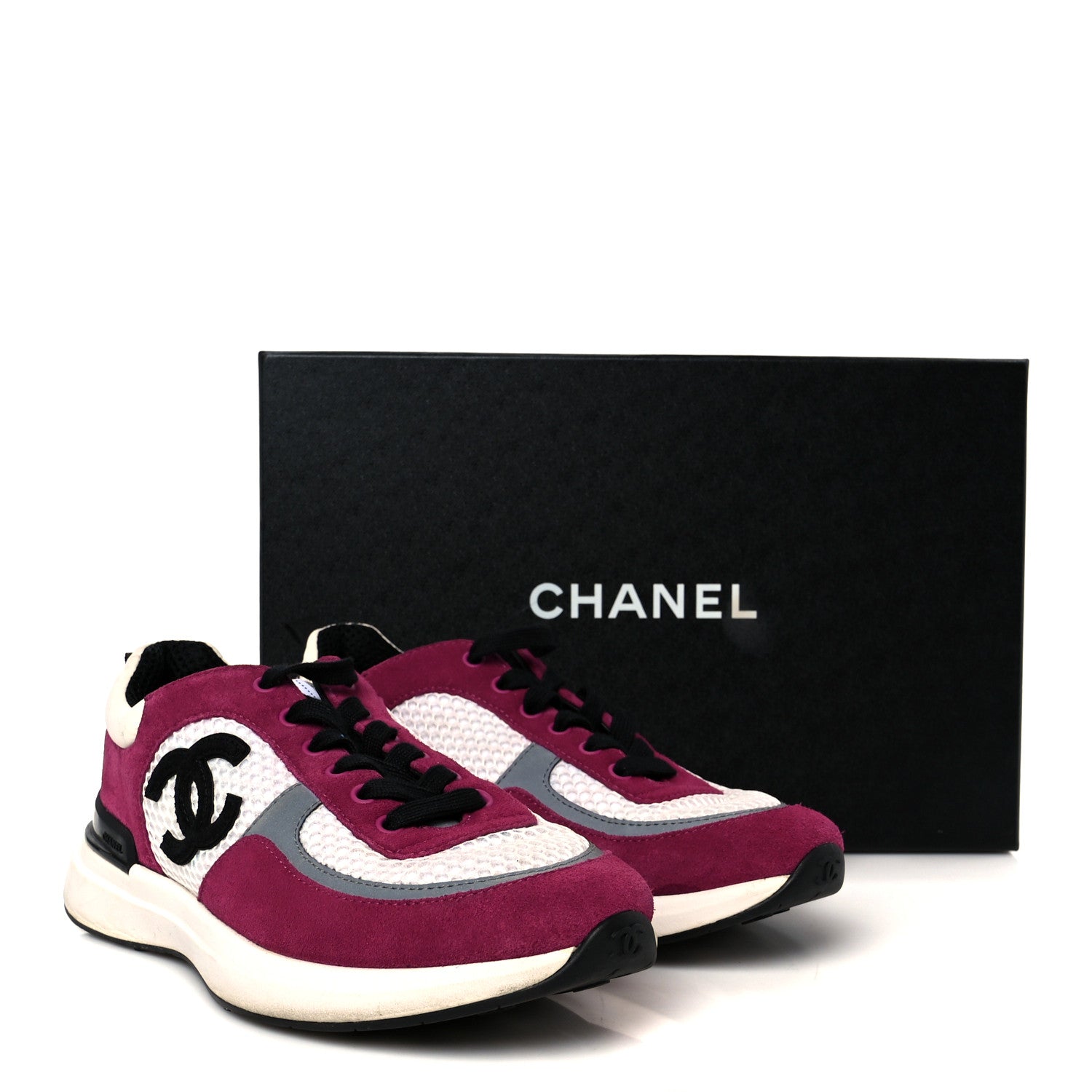 Chanel Mesh Suede Calfskin Womens CC Sneakers 38 White Dark Pink Grey 9 of 9