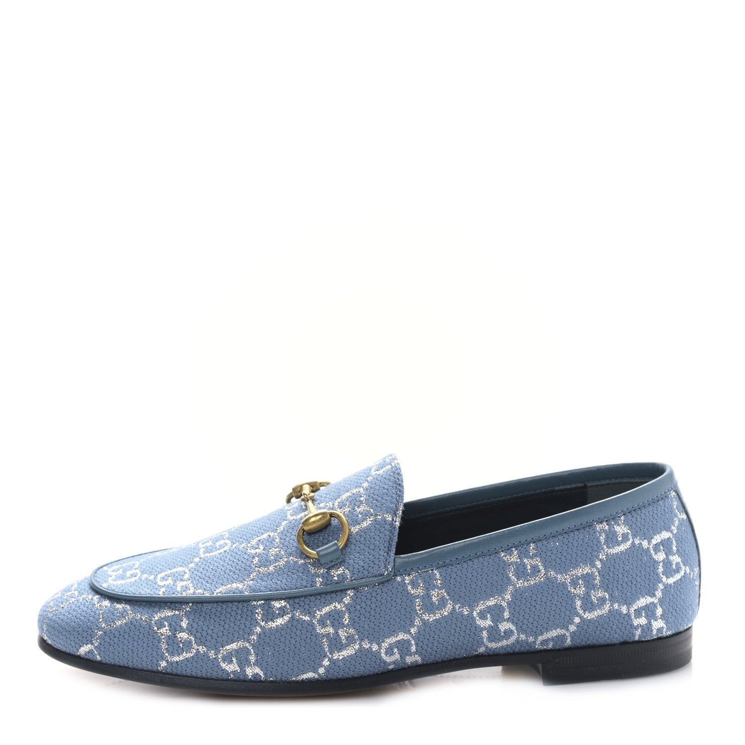 Gucci Canvas Lame GG Monogram Horsebit Womens Jordaan Loafers 35.5 Blue Silver 1 of 8