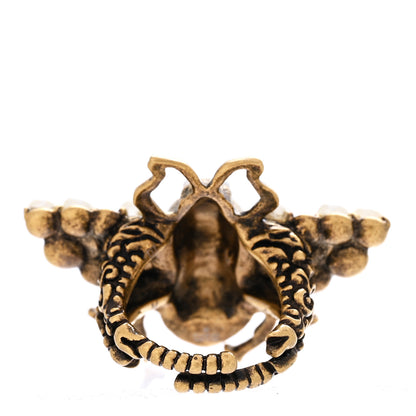 Gucci Metal Crystal Pearl Bee Ring M Aged Gold 3 of 4