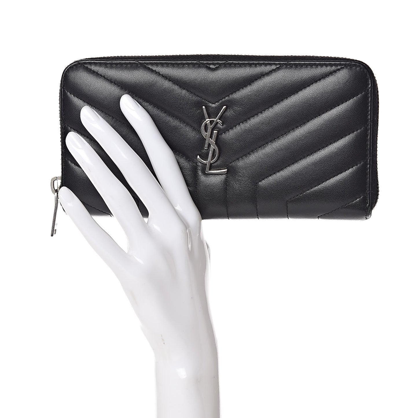 Calfskin Matelasse Chevron Monogram Zip Around Wallet Black