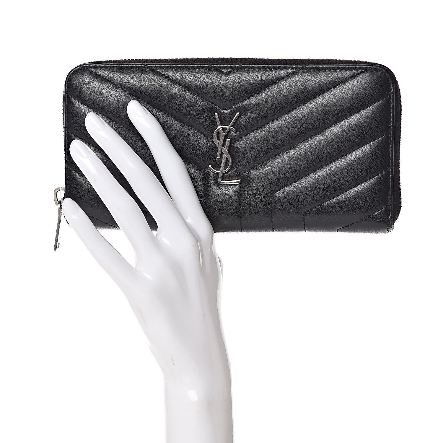 Saint Laurent Calfskin Matelasse Chevron Monogram Zip Around Wallet Black 2 of 8