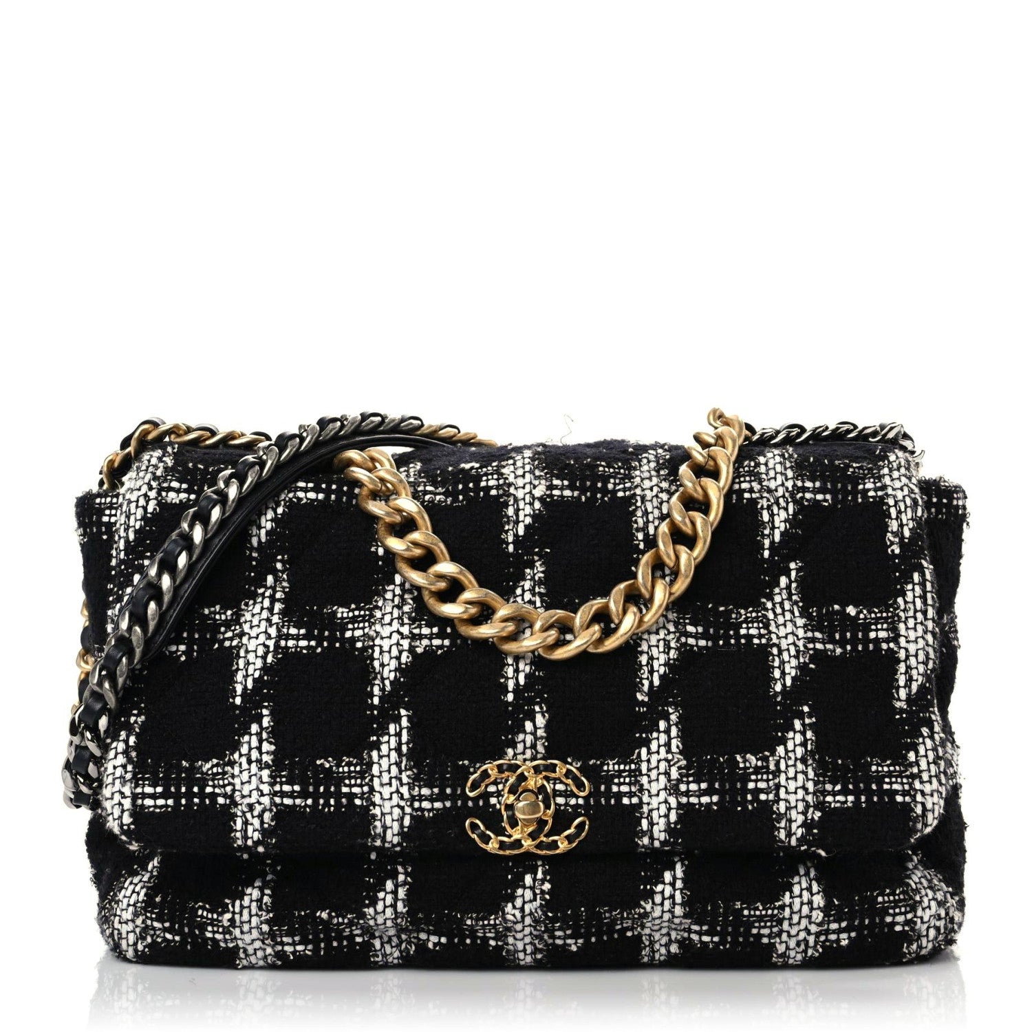 Chanel Tweed Quilted Large Chanel 19 Flap Black Ecru White 1 of 11