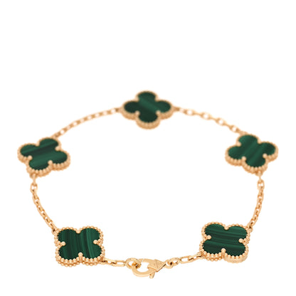 Van Cleef & Arpels 18K Yellow Gold Malachite 5 Motifs Vintage Alhambra Bracelet 2 of 4