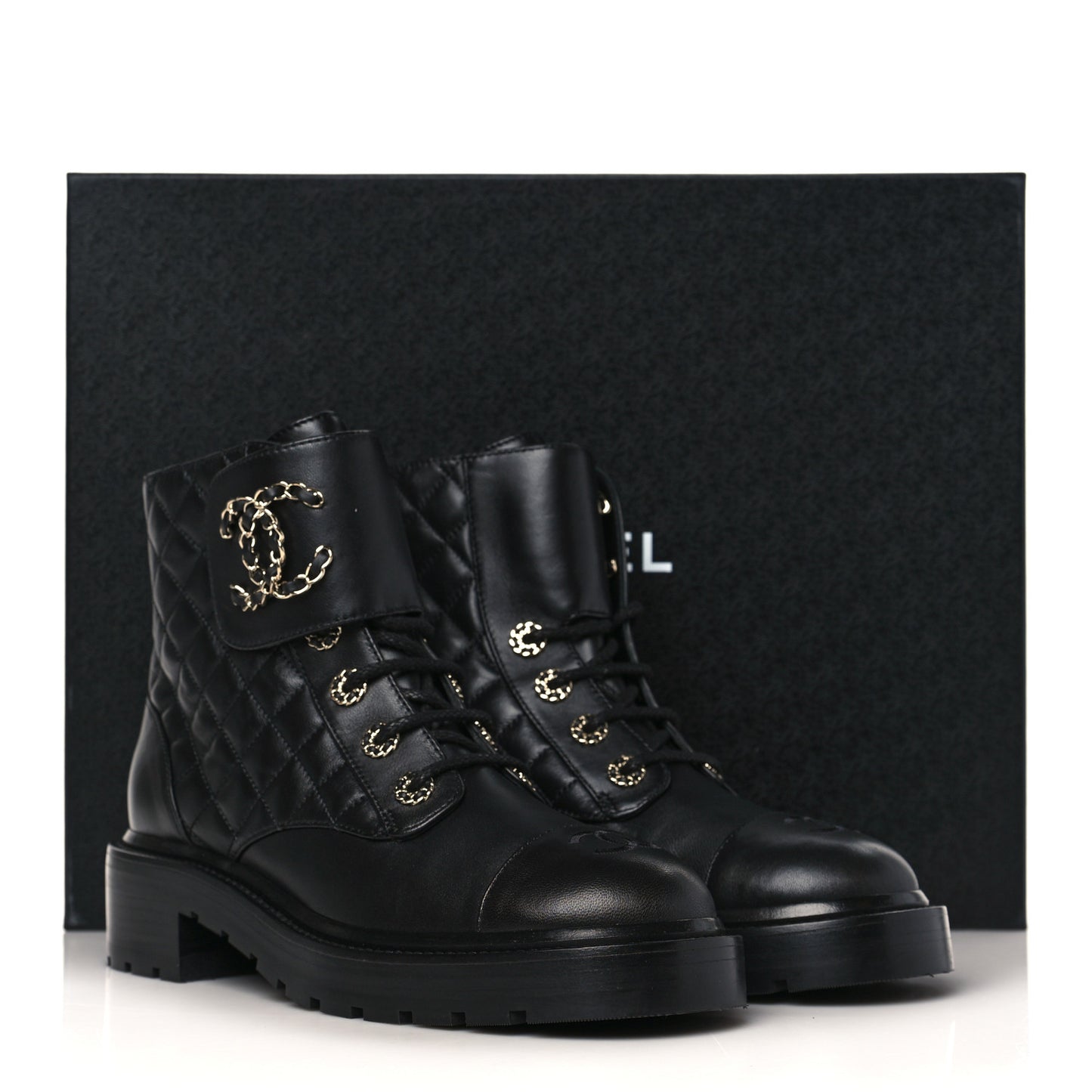 Shiny Lambskin Quilted Lace Up Combat Boots 38.5 Black