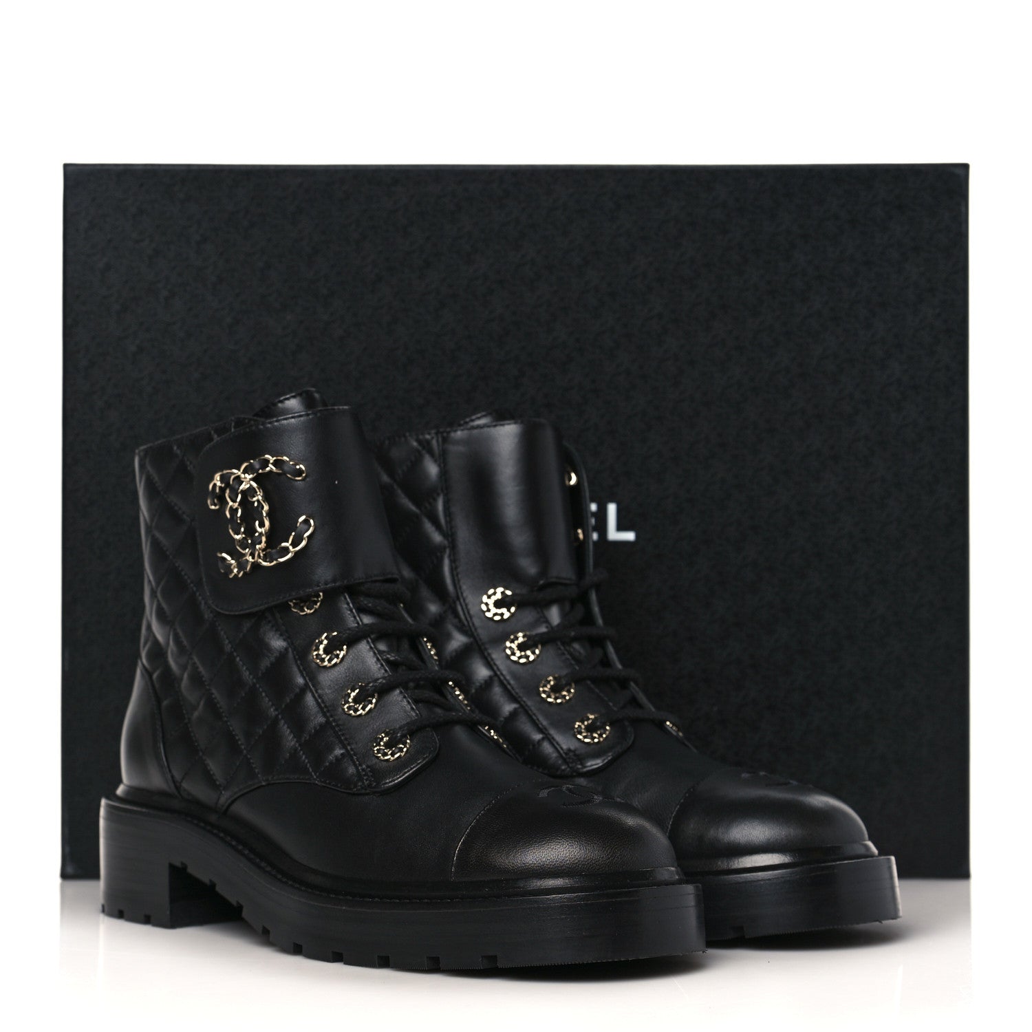 Chanel Shiny Lambskin Quilted Lace Up Combat Boots 38.5 Black 8 of 8