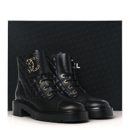 Chanel Shiny Lambskin Quilted Lace Up Combat Boots 38.5 Black 8 of 8