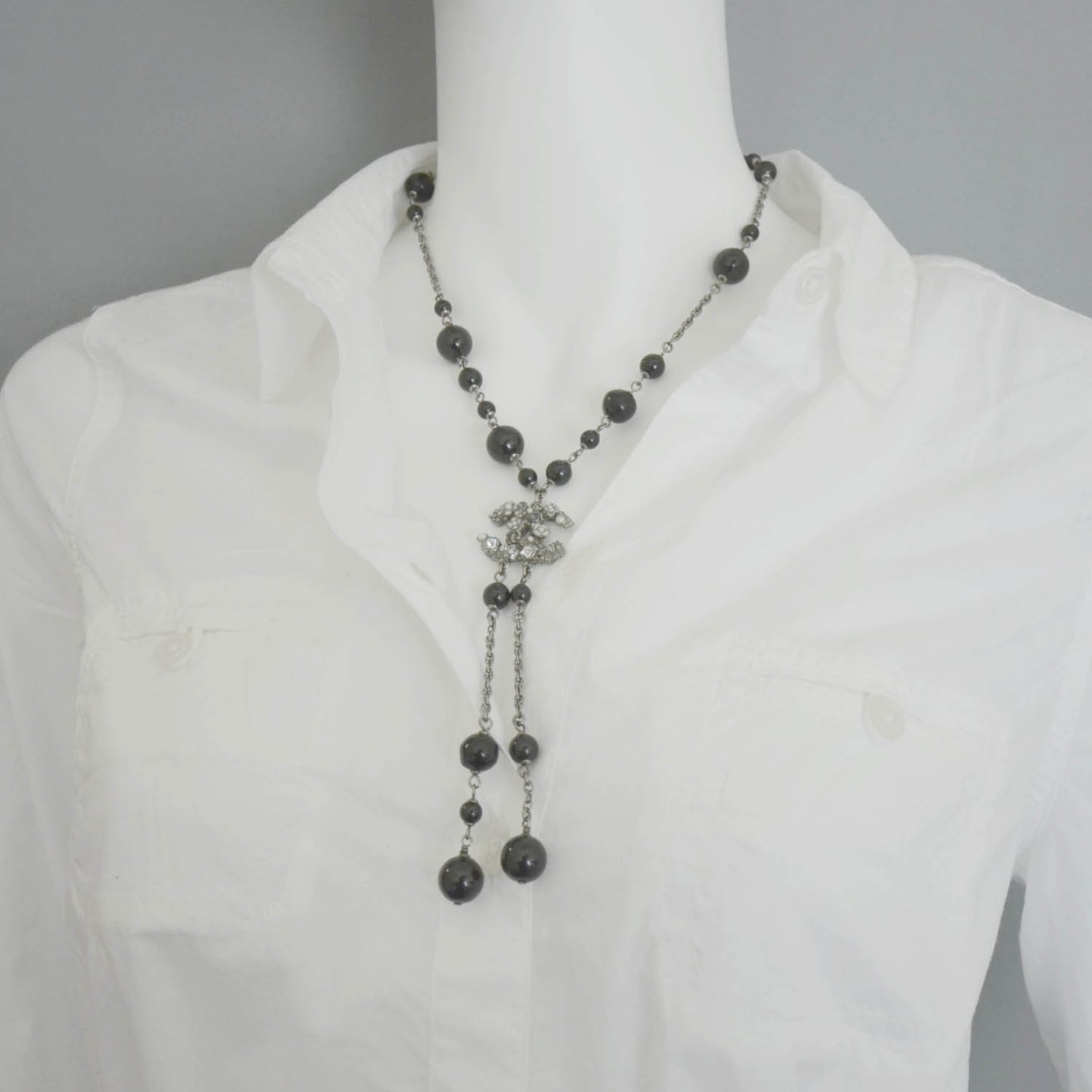 Beaded Camellia Crystal Pearl CC Necklace Black