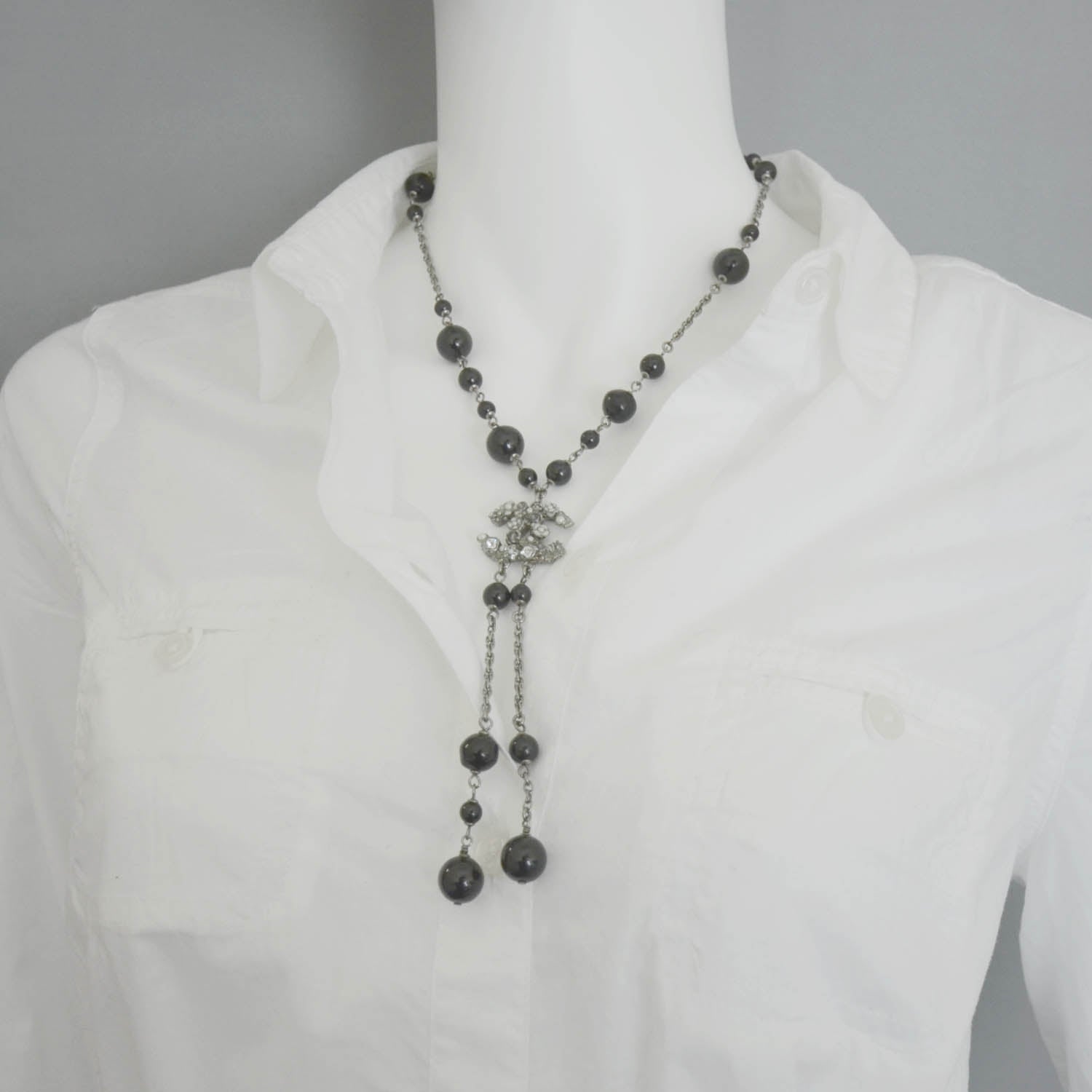 Chanel Beaded Camellia Crystal Pearl CC Necklace Black 2 of 6