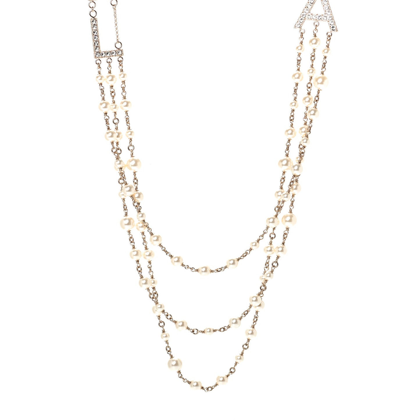 Pearl Crystal Cha-Nel Logo Necklace Gold