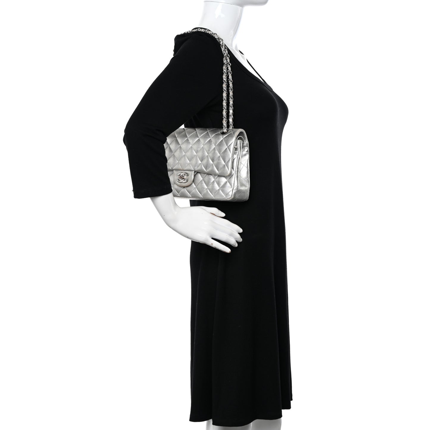 Metallic Lambskin Quilted Medium Double Flap Silver