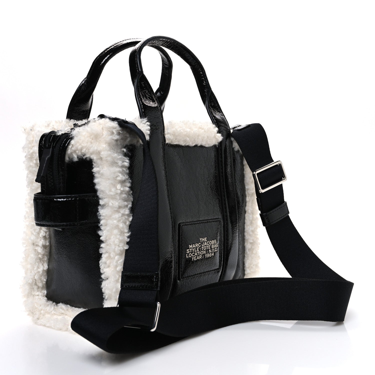 Marc Jacobs Shiny Calfskin Faux Shearling Mini The Traveler Tote Bag Black 3 of 10