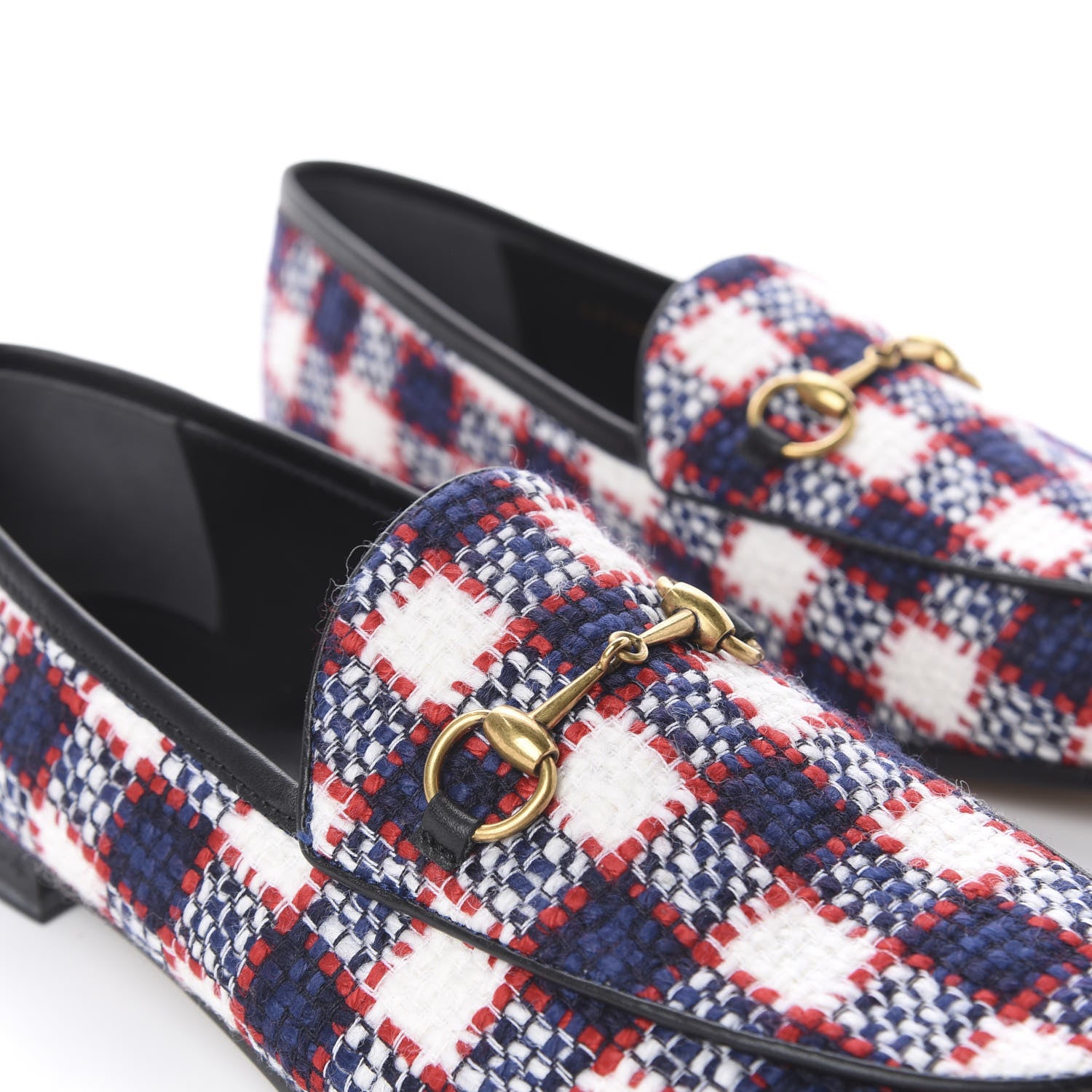 Gucci Vintage Tweed Check Horsebit Womens Jordaan Loafers 40.5 White Hibiscus Red Marine 11 of 14