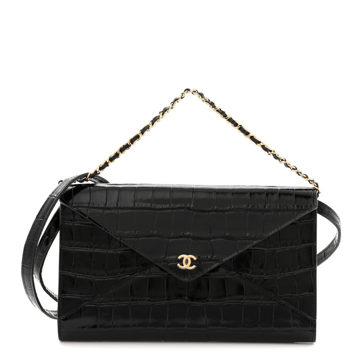 Calfskin Crocodile Embossed Clutch With Chain Black
