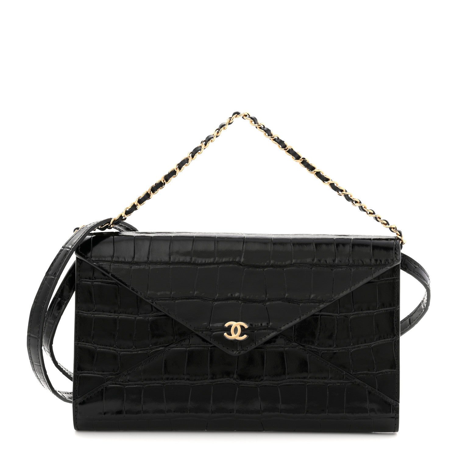Chanel Calfskin Crocodile Embossed Clutch With Chain Black 1 of 11