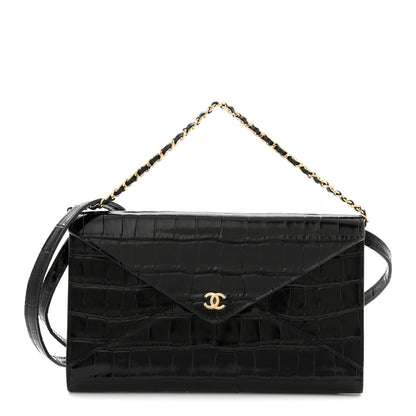 Chanel Calfskin Crocodile Embossed Clutch With Chain Black 1 of 11