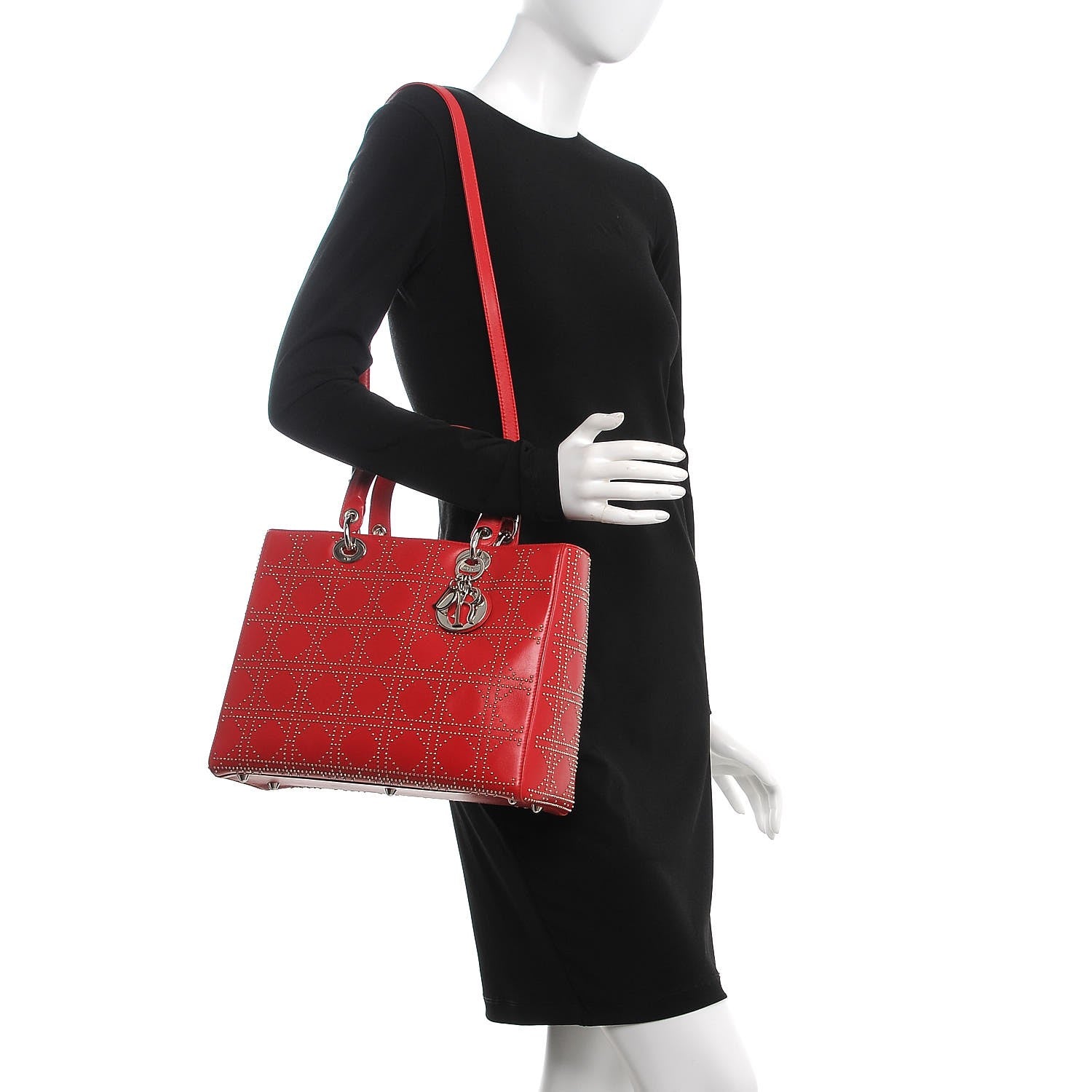 Christian Dior Lambskin Cannage Studded Large Lady Dior Red 2 of 13