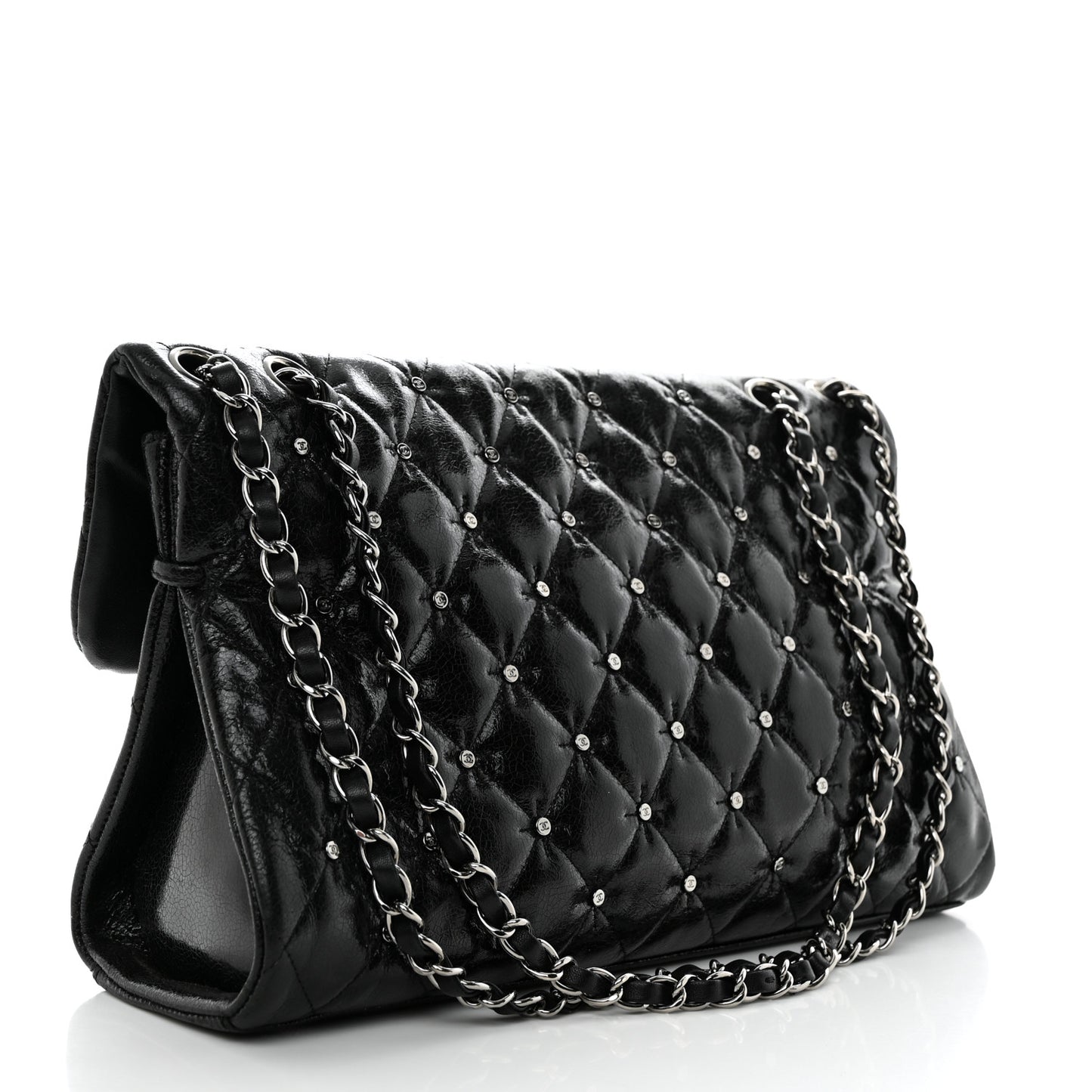 Glazed Crackled Calfskin Quilted Studded Mademoiselle Flap Black
