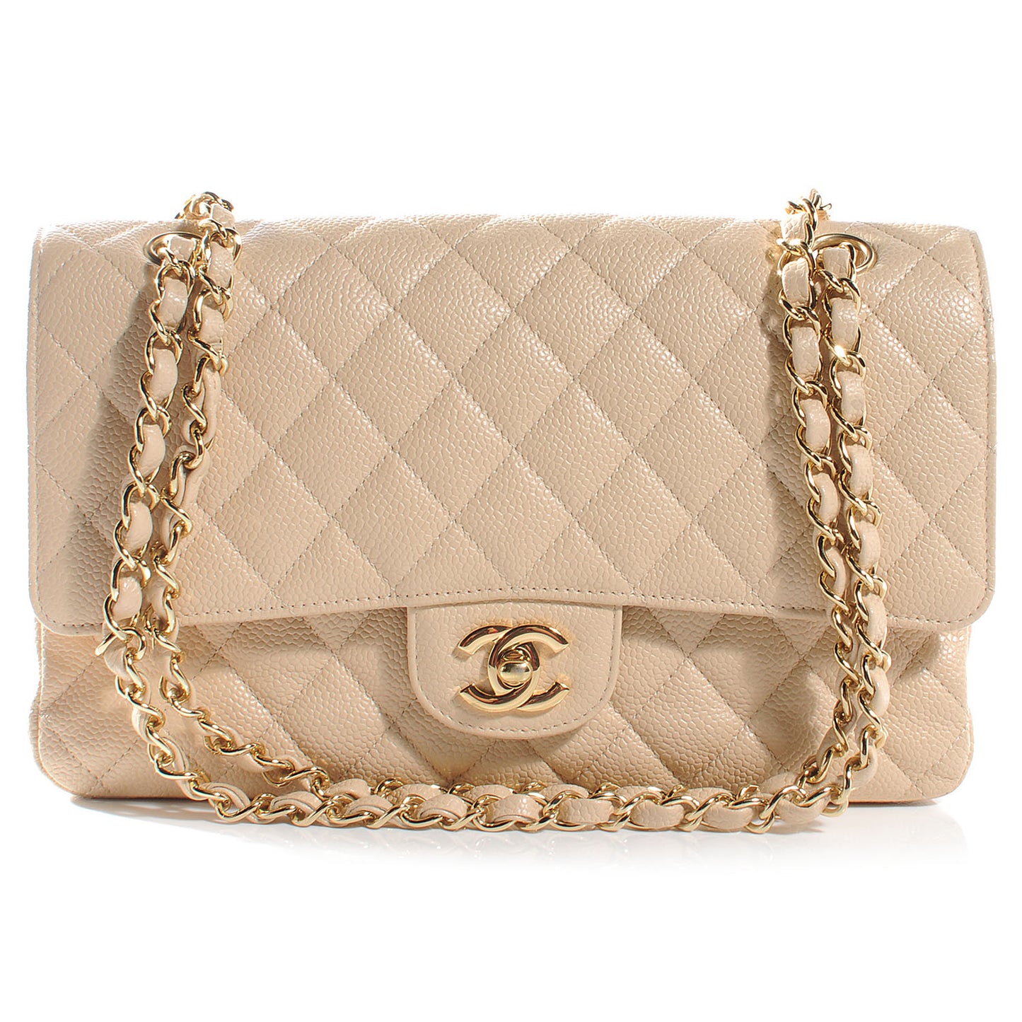 Caviar Quilted Medium Double Flap Beige