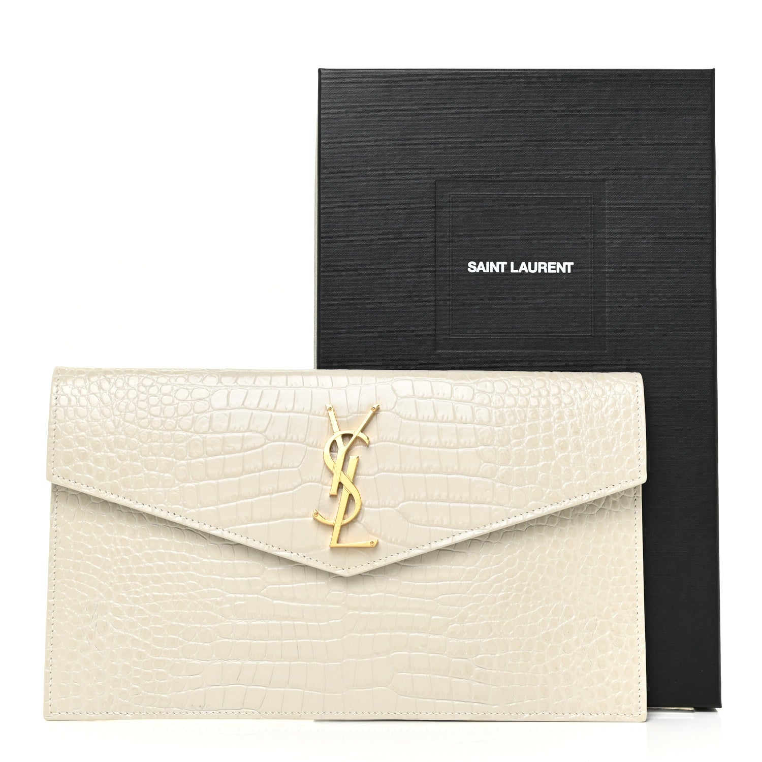 Saint Laurent Calfskin Crocodile Embossed Uptown Monogram Pouch Crema Soft 14 of 14
