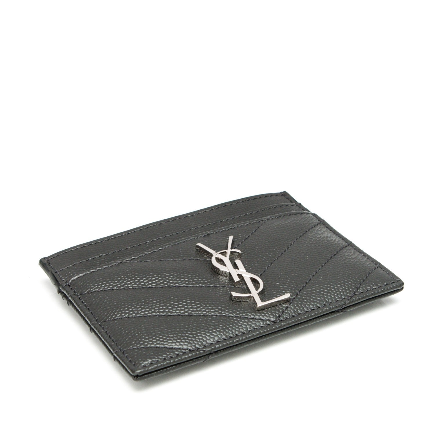 Saint Laurent Grain De Poudre Matelasse Chevron Monogram Credit Card Case Fog 4 of 7