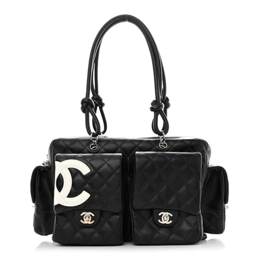 Calfskin Quilted Large Cambon Multipocket Reporter Black