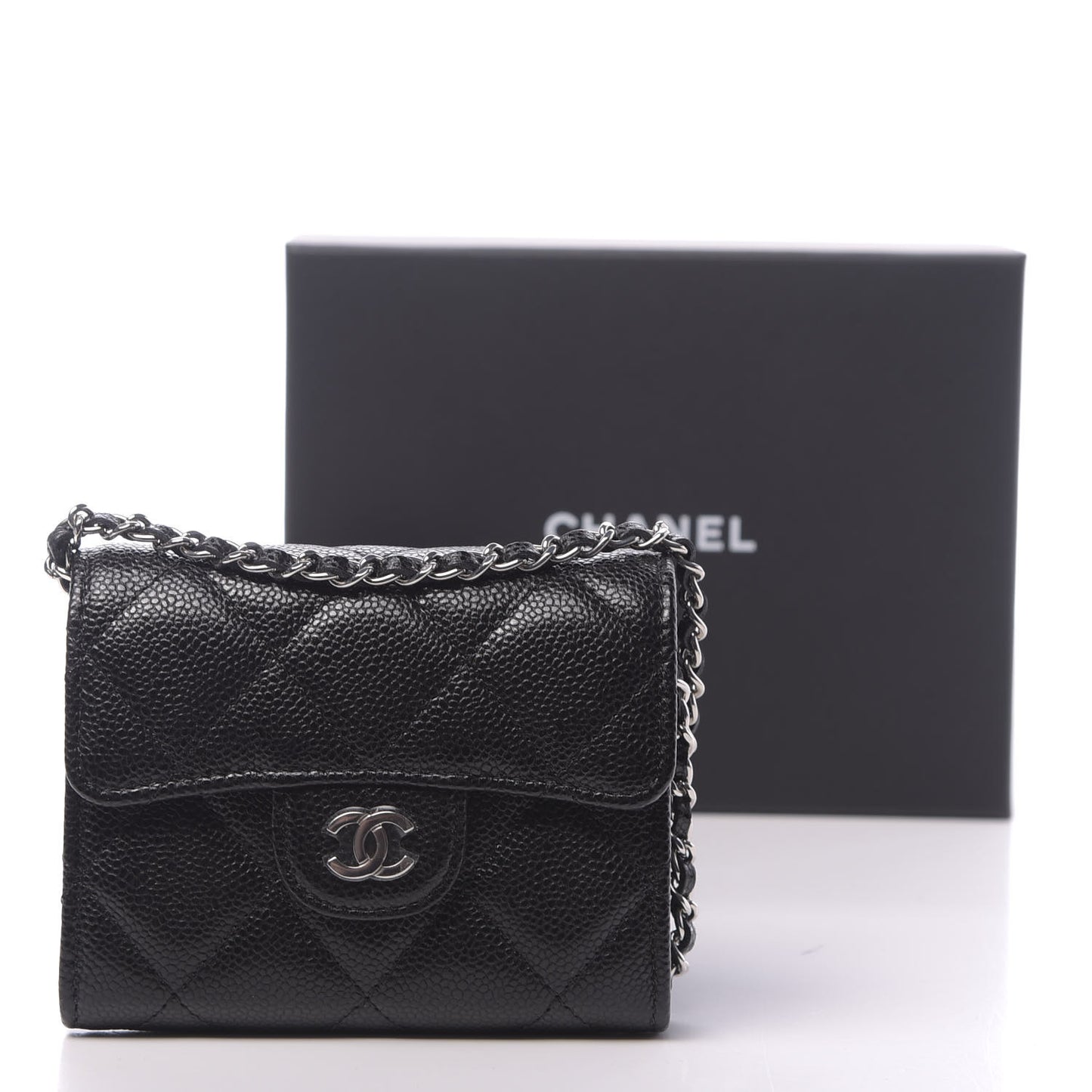 Caviar Quilted Flap Card Holder On Chain Black