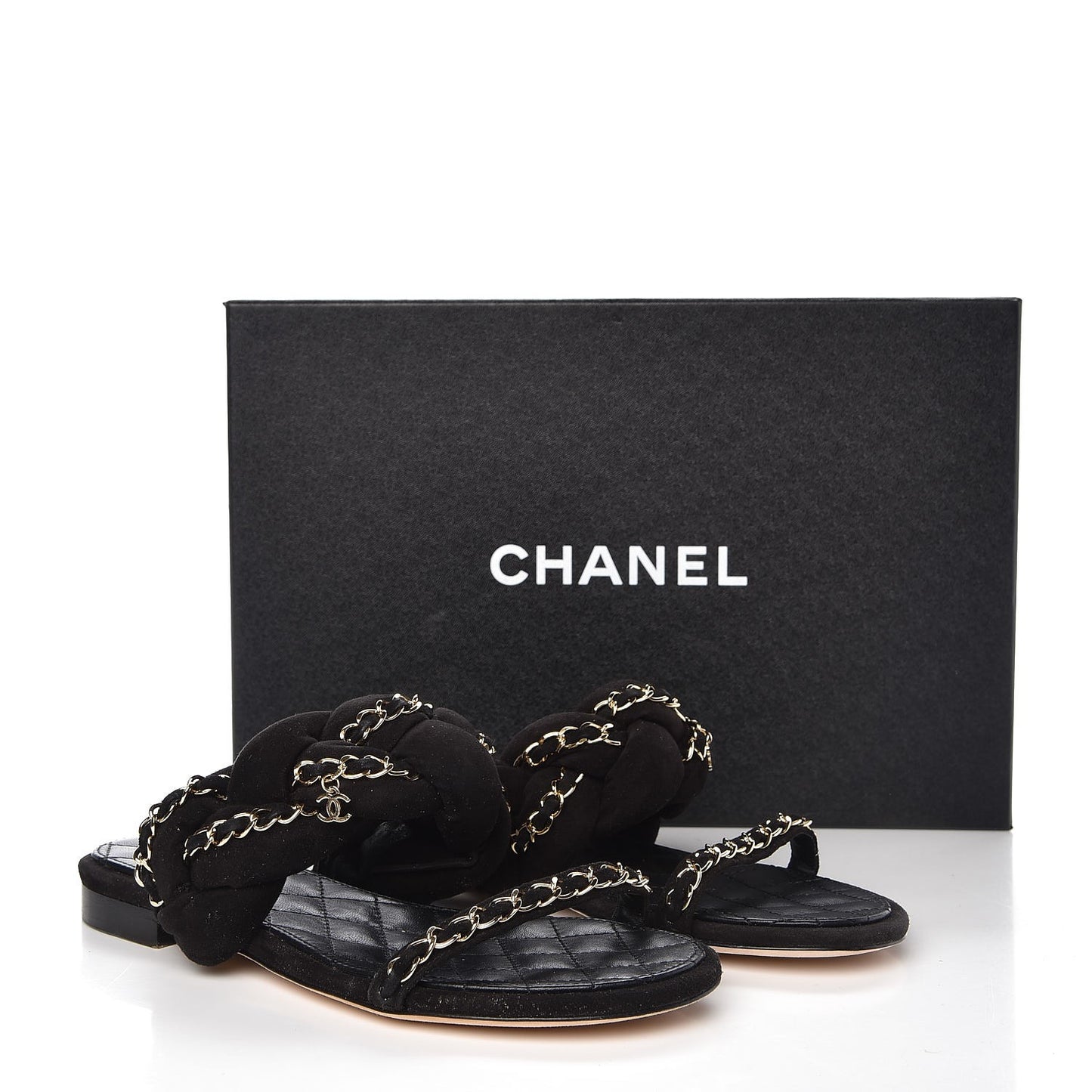 Kid Suede Braided Chain CC Slide Flat Sandals 35 Black
